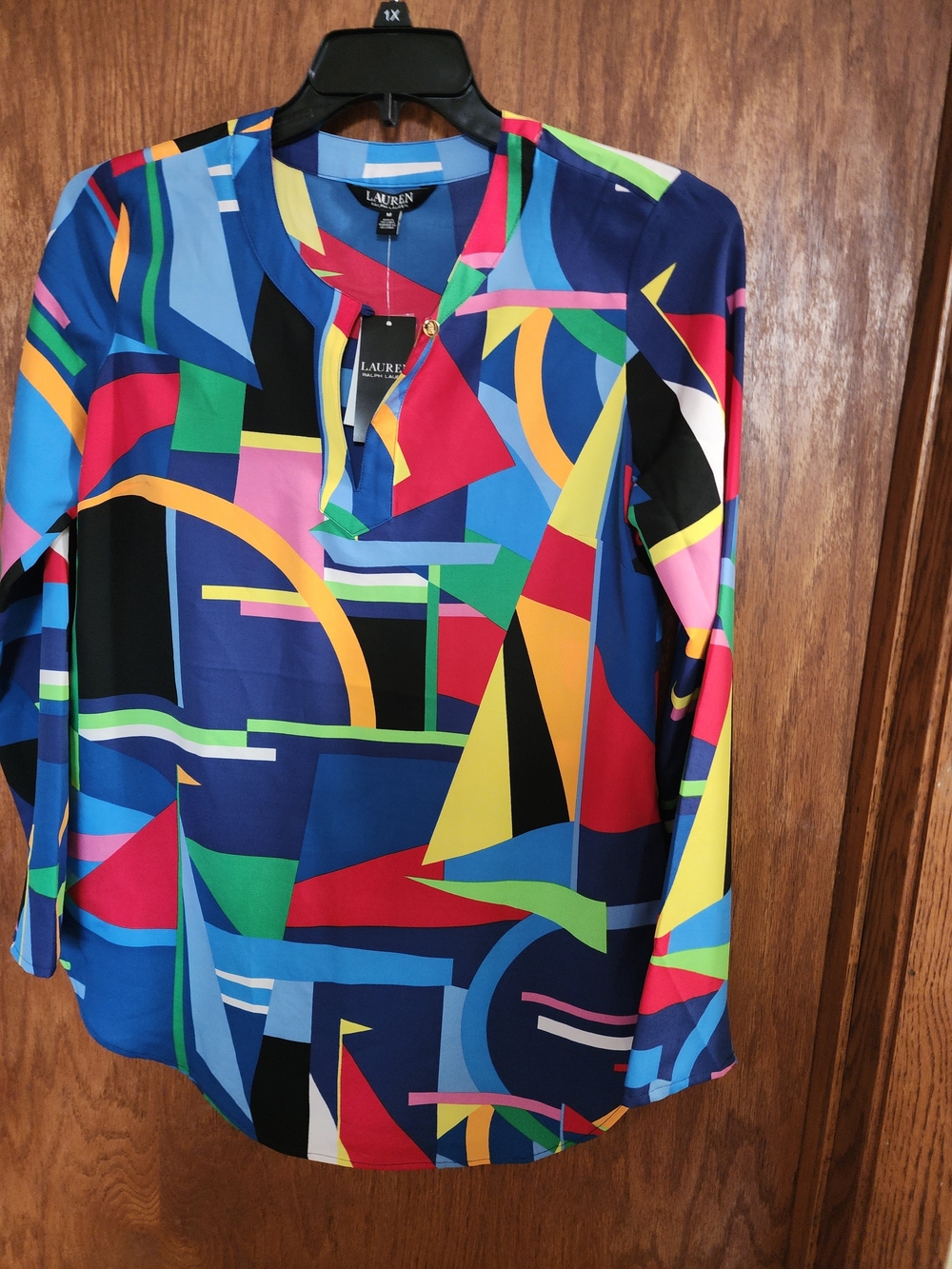 Ralph Lauren Blue and Red Geometric Popover Top